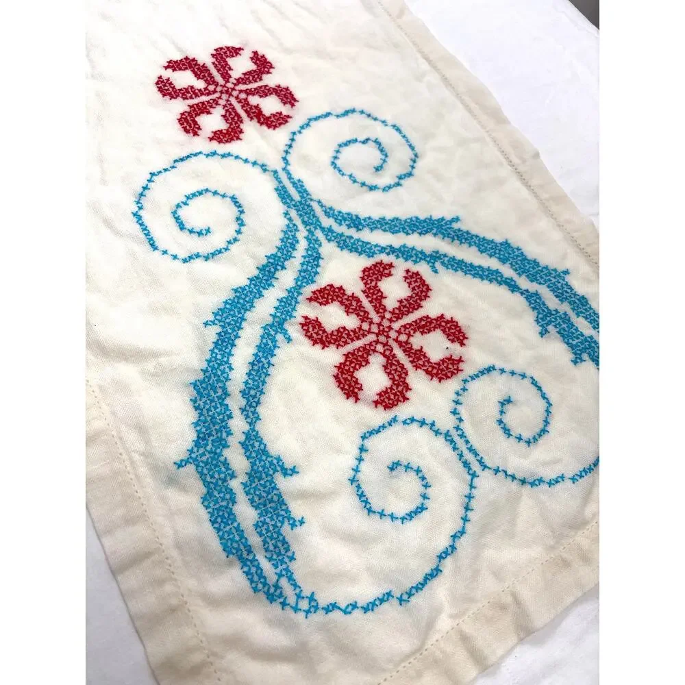 Vintage Off White Linen Cross Stitched Table Runner Blue Red Flowers